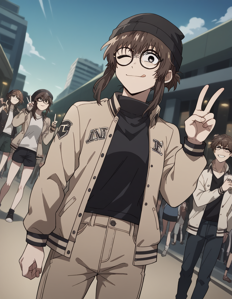 score_9, score_8_up, score_7_up, source_anime, <lora:anko-uguisu-s1-ponyxl-lora-nochekaiser:1>, anko uguisu, short hair, brown hair, glasses, black eyes,, <lora:letterman-jacket-ponyxl-lora-nochekaiser:1>, letterman jacket, jacket,, outdoors, crowd, people, v, v over eye, one eye closed, tongue out, smile, beanie, pants, open clothes, open jacket, , cowboy shot, dutch angle