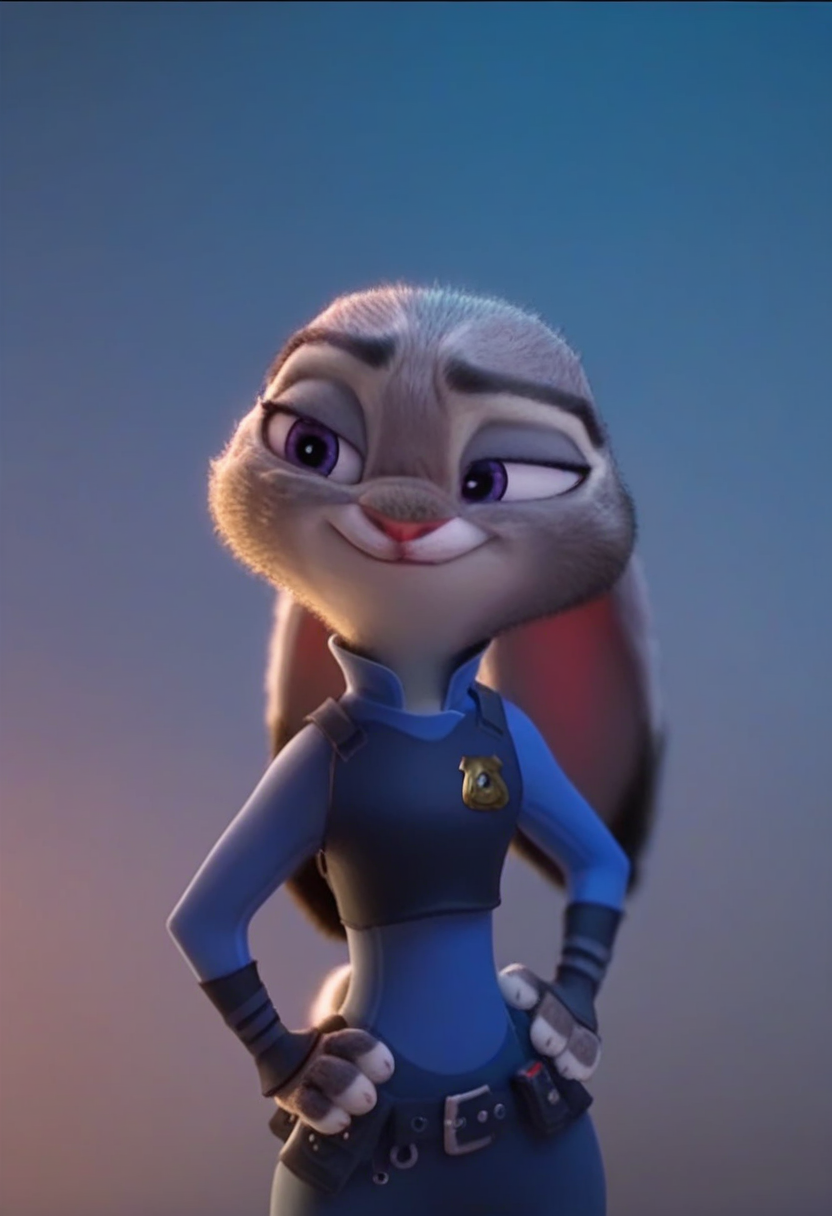 judyhopps, hand on hip, upper body, smug, raised hips, looking back <lora:judyhopps-v2-ponyv6xl:0.9> cinematic, studio lighting, studio lights, gradient backdrop, score_7_up, score_8_up