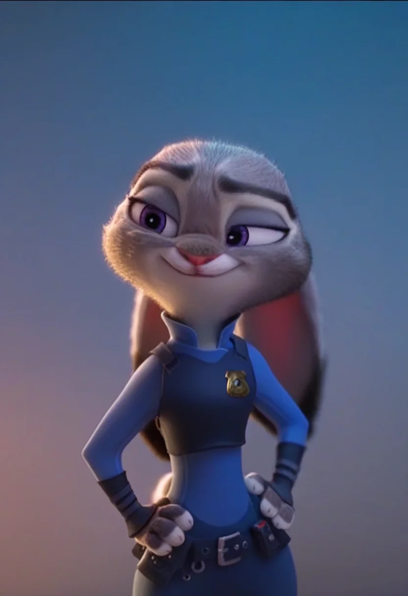 judyhopps, hand on hip, upper body, smug, raised hips, looking back <lora:judyhopps-v2-ponyv6xl:0.9> cinematic, studio lighting, studio lights, gradient backdrop, score_7_up, score_8_up