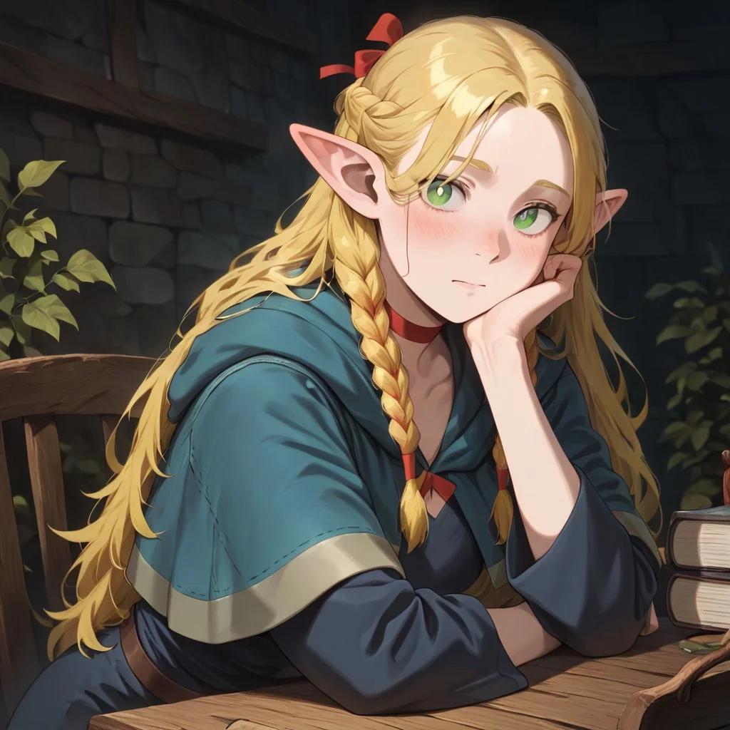 masterpiece, best quality, newest, absurdres, highres, DFAV1.5,
1girl, marcille_donato \(dungeon_meshi\), elf, pointy ears, green eyes, blonde,
