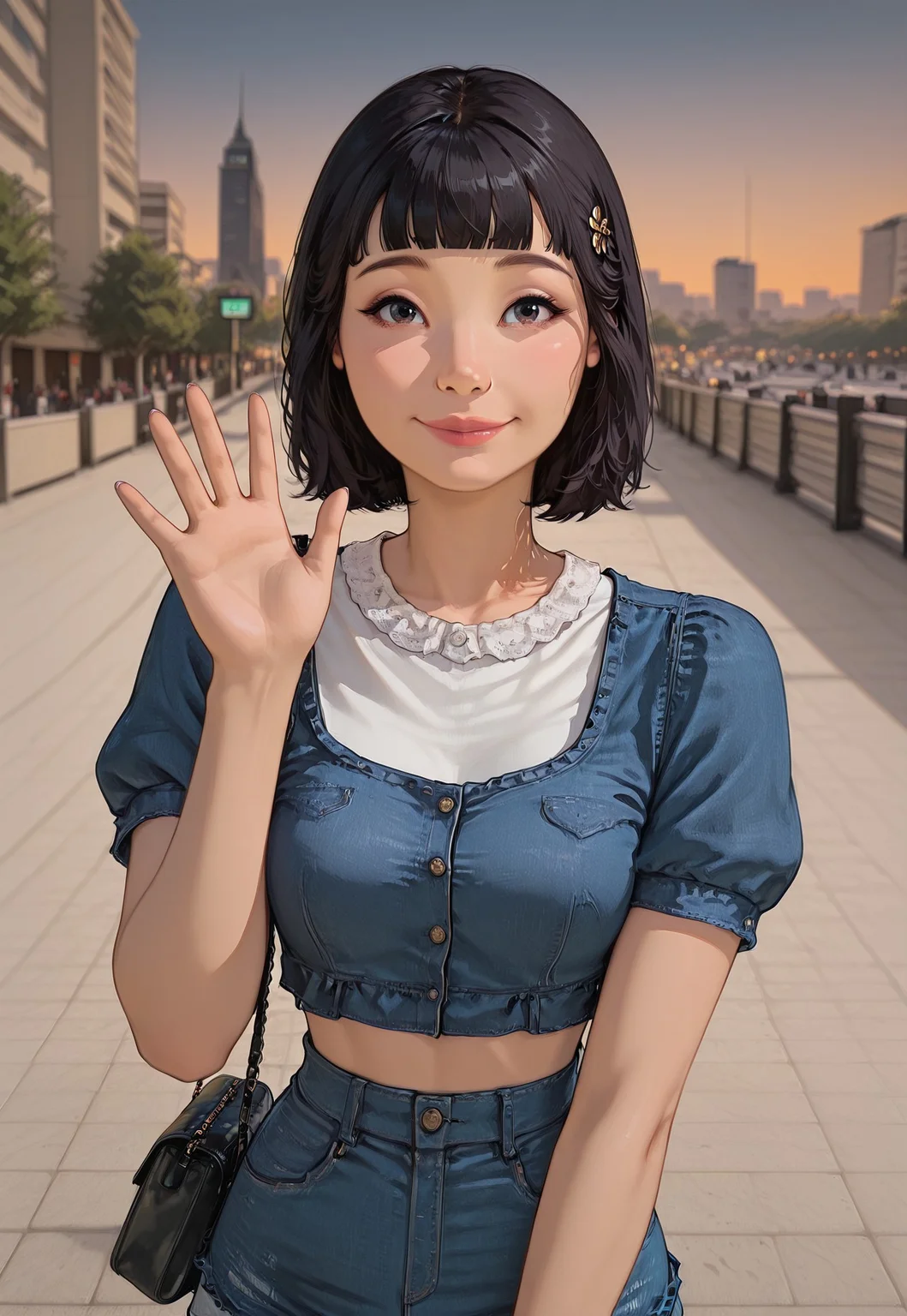 masterpiece, absurdres, high detail, high quality, (( 1girl,18yo,very shy, asian girl,Asian, black hair, pointy nose, blunt bangs, straight hair, hair ornament, chopsticks in hair,happy,short bangs,skinny, detailed eyes,(june:1.2), denim shorts, denim top, puffy short sleeves,five fingers per hand,)), detailed face,one arm up, waving at viewer,upper body focus,cute handbag,super happy, evening sky,evening city vibe,blurred background, award-winning, contest winning, cinematic composition, dramatic perspective, ultra-detailed, best quality, highly detailed, 8k, hyperrealistic, cinematic lighting, detailed shadows and highlights, colorful and high-quality composition, anime-style, ultra-detailed, vibrant colors, high-quality shading, semi-realistic lighting,solo, european style,(sketch:1.3),anime style, solo
