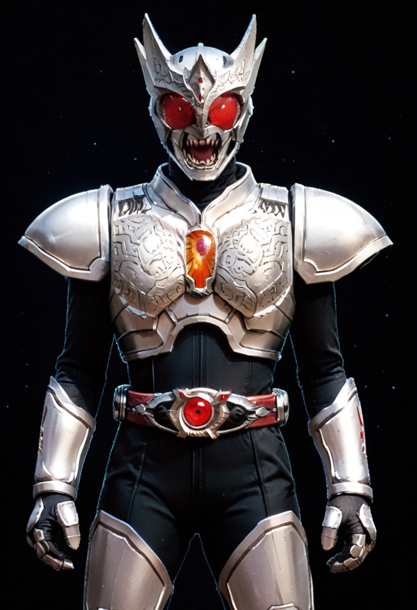 score_9, score_8, score_7, solo, armor, tokusatsu, bodysuit, helmet, rider belt, ultimate, sparkling, howling, silver armor, red eyes