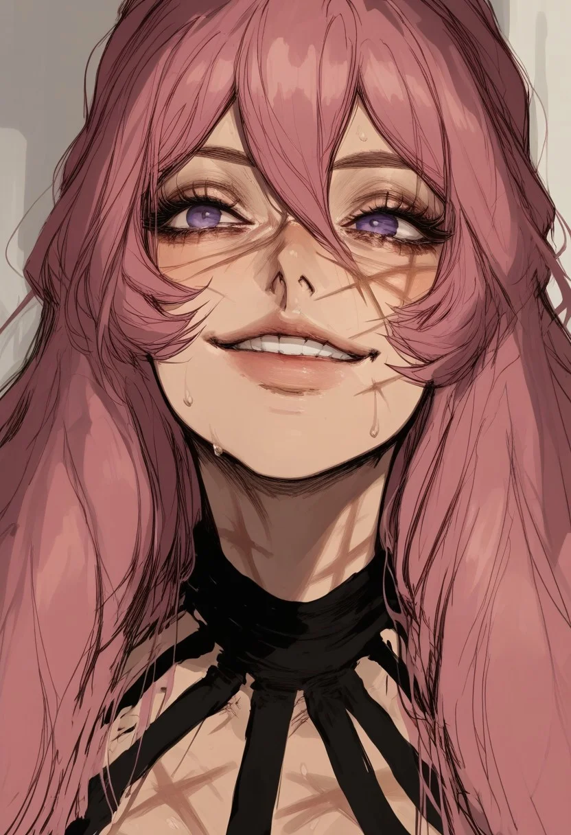 score_9, score_8_up, score_7_up, extremely detailed, sharp focus, HD, cute face, 1girl, face scars, sketch, pink hair, solo, thick body, breasts, very soft breasts, skindentation, Straight Hair, Long Hair, inside, black choker, seductive, alluring, sweating, very sweaty, Front View, abs, portrait, face focus, smile, sadistic smile, blood on face, perfect teeth, purple eyes, hair between eyes,