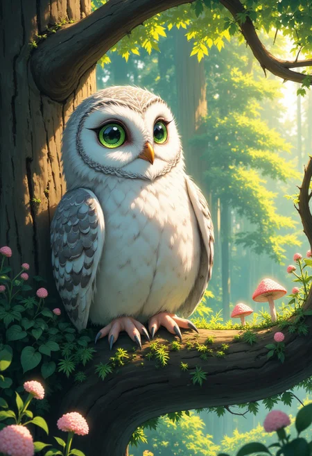 "Create a high-quality, extremely detailed digital artwork in a high-resolution, anime-inspired style. A super adorable owl with large, expressive eyes that glisten in the sunlight, sitting on a branch of a towering redwood tree in a magic forest. The owl's feathers are a soft blend of pastel grays and whites, with intricate patterns that catch the light. Its eyes are a deep, shimmering emerald green, reflecting the vibrant forest around it. The branch is covered in lush, green moss and delicate ferns, and the redwood tree is ancient and majestic, with a trunk that disappears into the canopy above. The forest is enchanted, with bioluminescent flowers and mushrooms scattered on the forest floor, and a gentle, golden light filtering through the leaves. The atmosphere is peaceful and magical, with a light breeze that rustles the leaves and carries the scent of pine and wildflowers. The owl's expression is one of serene curiosity, perfectly capturing the wonder of its magical surroundings."