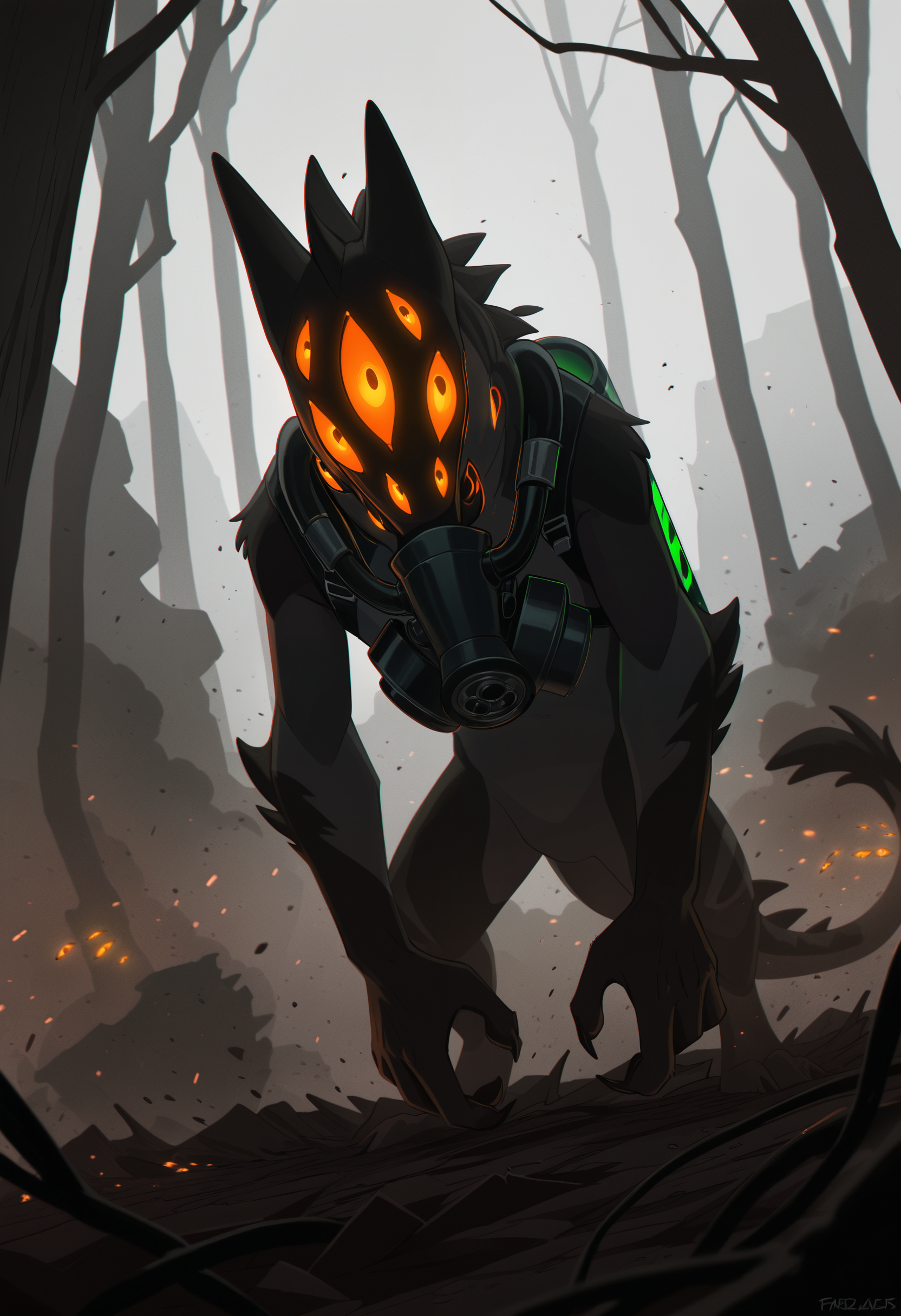 photorealism, photorealistic, chromatic aberration, depth of field, detailed background, eye reflections, reflections, detailed body,   dutch angle, male, solo, 1boy, adult, male focus, tail, male focus, looking at viewer, j3rry_cos, extra eyes, (anthro, furry:1.15), no humans, solo, glowing eyes, (close up, radiation, ashes, dust, worried, wastelands, zombie apocalypse, chemical protection, gas mask, oxygen tank, infection, particles, broken cars, devastation, destruction, withered plants:1.05), standing, front vire,   masterpiece, best quality, amazing quality, very aesthetic, absurdres, newest,   (artist:syuro:0.8), (artist:nomax:0.5), (artist:honovy:0.6), (artist:kenket:0.6), (artist:taran fiddler:0.6),   <lora:Jerry_Creatures_Of_Sonaria_Illustrious:1.0>,