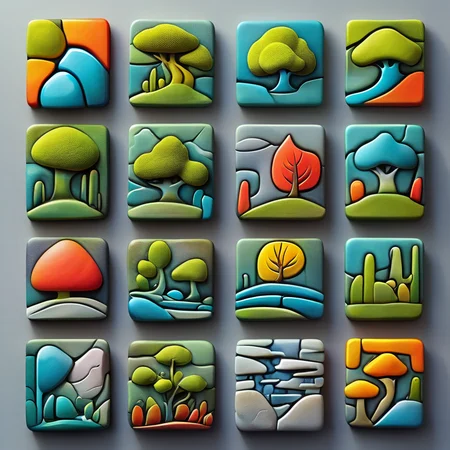 <lora:artfullyTILES_SDXL_V1:0.7>,icon collection arranged in a grid of a set of different colored , abstract colorful MOSS, landscapes set set, bright glazes, ceramic, decorative relief, iconographic motifs, icons set isolated on grey background c, in the style of tactile textured paintings, luminous 3d objects, opaque resin panels, organic stone carvings, rounded forms, surrealistic ceramic sculptures, tonal colors, vibrant color blocks, vibrant fantasy landscapes, hyper-detailed illustrations, colorful biomorphic forms