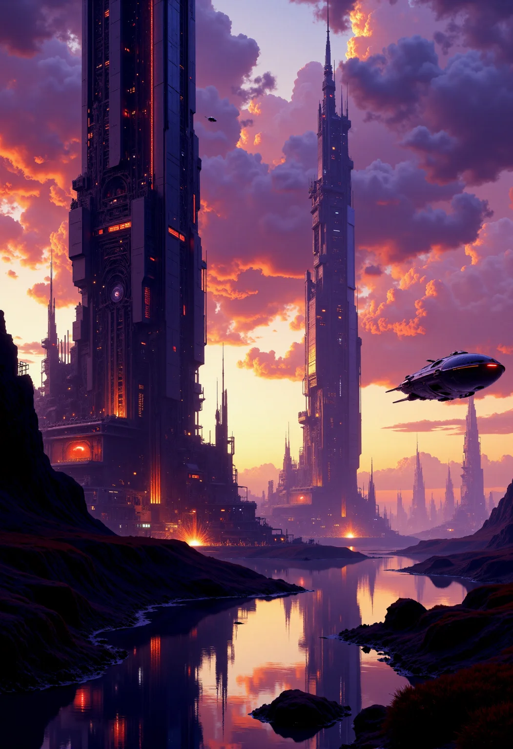 highest details, ultra hyper realism. highly detailed and realistic. intricate and highly professional artwork, an absolute masterpiece. dramatic lighting.
This is a high-quality digital painting in a futuristic sci-fi style, featuring a vibrant, otherworldly cityscape. The scene is set at dusk with a sky full of soft, glowing clouds tinged with hues of orange and purple, reflecting off a sleek, metallic river that winds through the city. Towering, cylindrical skyscrapers with intricate, geometric designs dominate the background, their reflective surfaces catching the light. Smaller, sleek, flying vehicles with red lights zip through the air, adding a sense of motion and energy. The camera angle is low, looking up at the towering buildings, emphasizing their grandeur. The lighting is soft and warm, creating a tranquil yet dynamic atmosphere. The aesthetic quality of the image is very high, with meticulous attention to detail and a visually striking composition.
<lora:artilands_v02_epoch_6:1> artilands02