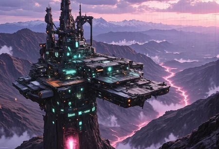 OBxiaoxiang, CAICO, inksketch purple and gray theme, Abstract digital painting in the style of ck-js, detailed photorealistic image, a sci-fi Miningstation of colossal buildings and towers in a barren lavender lush landscape, looking like an Mining Outpost perched at the Cliff, of a volcanic cliff, its sleek towers a stark contrast to the cliffs surrounding it. The planet’s sun casts a vivid, cyan surreal light across the station, while deep fissures reveal glowing rivers of molten pink lava far below. The sky is a surreal shade of black and purple, dark glowing diodes and lights ((dark glowing diodes, lights and neon signs), Firestorm Inc. written on the neon signs), attached to the building is a landing field with 3  Spaceships landed on it, Dragonkin like creatures are around fixing some spaceships, two moons hanging low in the horizon, each reflecting light off the surface, large depth of field. The sky is a dark pink, with 2 broken moons hanging low in the horizon <lora:more_details>
realistic, detailed background, shaded, detailed, hi res, realistic, photography \(artwork\), (by kenket), by ross tran, by michael & inessa garmash, by pino daeni, by isvoc, by kiguri, by alena aenami, by ruan jia, (by zenthetiger, by wolfy-nail), by Enki Bilal, by drmax, photorealism, <lora:add_detail:1.3