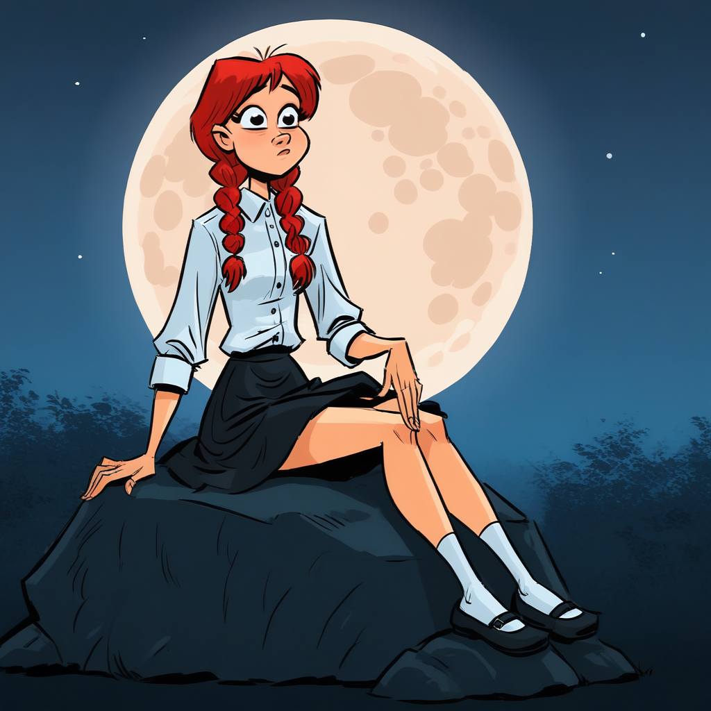 score_9_up, score_8_up, BREAK, punkeydoodles, 1girl, solo, red hair, twin braids, black eyes, white shirt, black skirt, white socks, mary janes,  <lora:PunkeyDoodles_Style_PXL_Leaf1:1>, outdoors, night, moon, sitting on rock,