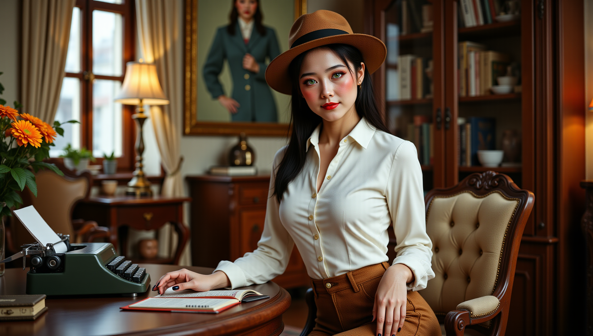 modeling poses,Hyperrealistic, She is approximately 18 years old, she is smiling, dynamic angles, multiple angles,She is looking at the camera, photoshoot poses; A photo of Choon-hee_Camybody4K features a woman with bright green eyes. She is wearing a red lipstick, huge breasts, she is wearing a white white shirt and brown pants, she is posing for the camera.  a woman with huge breasts, she is sitting at a desk with an old fashioned typerwriter, the office is decorated in a 1950s detective noir style, The woman is wearing brown fedora.  The scene is set in a cozy and inviting atmosphere, with the woman being the main focus of the image. she has the perfect milf body, thin waist, wide hips, golden triangle, she is posing for the camera with a smile on her face. Style: realistic hyper-detailed rendering, 32k UHD, expressive eyes, punk, graphic design, girl's face, pretty and cute, gleaming lips, telling a tale of adventure. Exuding confidence and serenity. The overall mood of the image is happy and relaxed,detailed skin texture,(blush:0.2),(goosebumps:0.3),subsurface scattering,with a playful and whimsical tone, aidmafluxpro1.1, perfect hand, detailed hand, looking at camera, looking at viewer, looking at camera, she is looking at the camera,retro50s_style, 