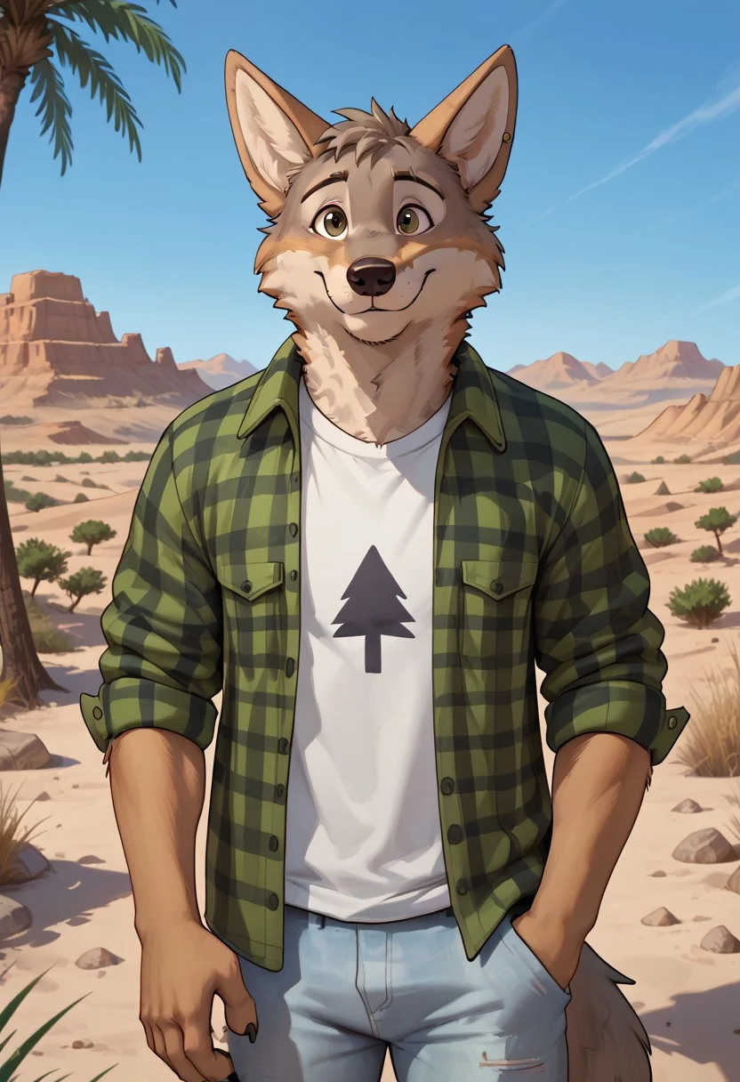 score_9, score_8_up, score_7_up, solo, 1boy, Cameronvn, coyote, brown eyes, green jacket, white shirt with black tree, light blue pants, happy, outdoors, middle of desert background, (5fingers), hi res, detailed eyes, eyes focus, perfect eyes, perfect face, black eyes, big iris, best artwork, highly detailed, 4k res by unpopularwolf, by meesh, by brae