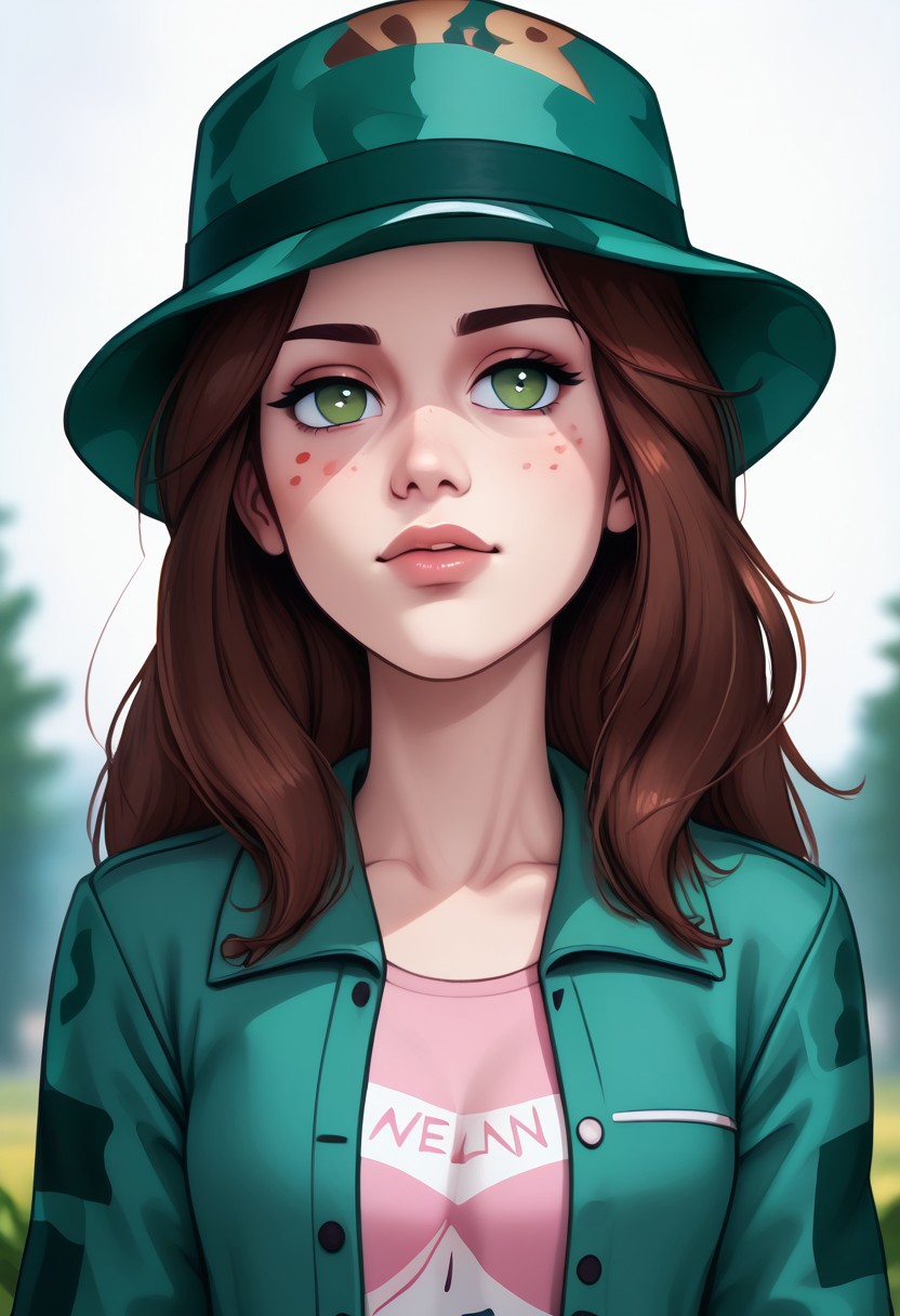 score_9, score_8_up, score_7_up, score_6_up, PRSNL_3_1, uncensored, pupils black dots, lips,
upper body, best quality, masterpiece, 4k, realistic, warm light,
LeafPony, leaf (pokemon), long hair, brown hair, brown eyes,
green headwear, camouflage headwear, long sleeves, jacket, green jacket, open clothes, sleeves past wrists, pink dress, bike shorts, shoes, black footwear,