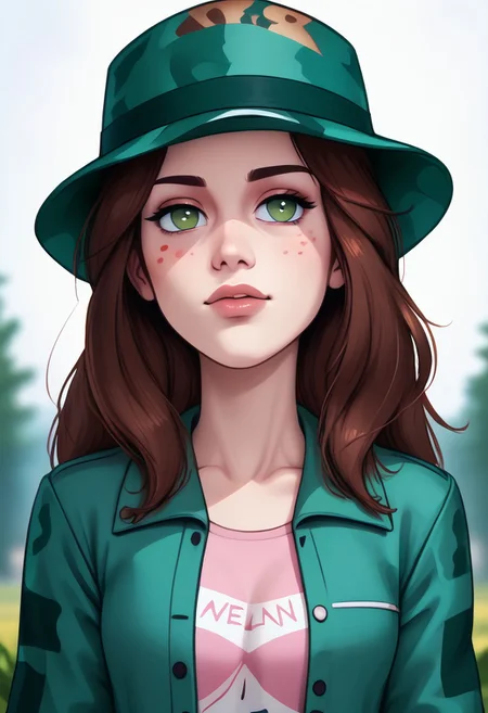 score_9, score_8_up, score_7_up, score_6_up, PRSNL_3_1, uncensored, pupils black dots, lips,
upper body, best quality, masterpiece, 4k, realistic, warm light,
LeafPony, leaf (pokemon), long hair, brown hair, brown eyes,
green headwear, camouflage headwear, long sleeves, jacket, green jacket, open clothes, sleeves past wrists, pink dress, bike shorts, shoes, black footwear,