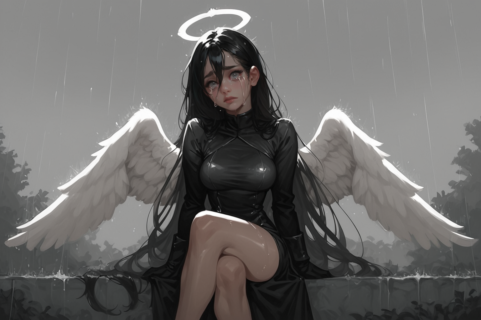 1girl, halo, wings, solo, long hair, sitting, rain, black hair, hair between eyes, dress, angel wings, black dress, feathered wings, looking at viewer, long sleeves, crossed legs, closed mouth, crying, breasts, white wings, angel, crying with eyes open, monochrome, feet out of frame, tears, grey theme, grey eyes, grey background, gloves, medium breasts, outdoors, arm support, very long hair, zPDXL3, detailxl,  Score_PnyReal <lora:Vector_art_lineless_Pony:1>, (lineless:1.5)