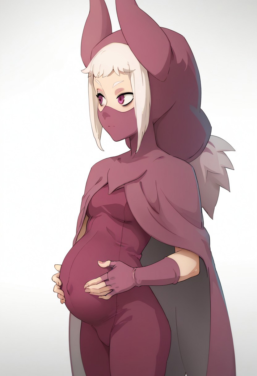 score_9, score_8_up, score_7_up, xaxaxa 1_style, mask, 1girl, solo, pregnant, norawakfu, white hair, purple eyes, hood, horns, hood, horns, cloak, fingerless elbow gloves, bodysuit, cape, standing, holding belly, covered belly, covered navel, white background,