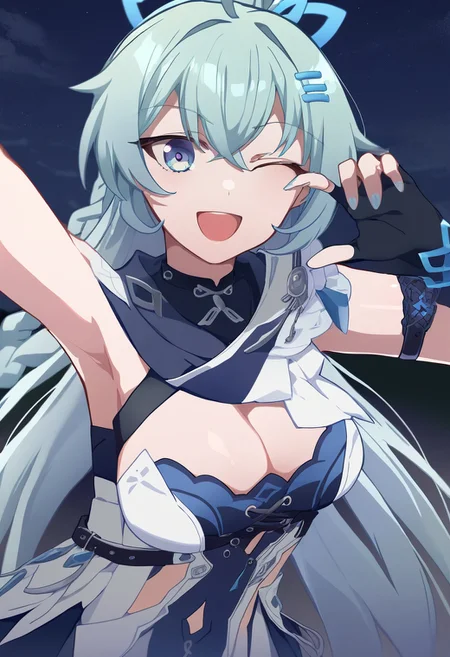 shigure_kira, 1girl,solo,long hair,breasts,looking at viewer,smile,open mouth,bangs,blue eyes,hair ornament,gloves,cleavage,blue hair,ponytail,braid,outdoors,one eye closed,black gloves,fingerless gloves,armpits,night,;d
,,by mochizukikei,[[[by yohan]]]<lora:sigureXL_08-000040:1>