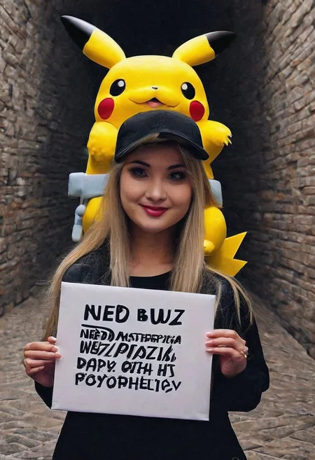 Beautiful girl , holding sign with text "need buzz", beautiful light.(Huging Pikachu with Pokemon) droopy masterpiece, best quality, very aesthetic