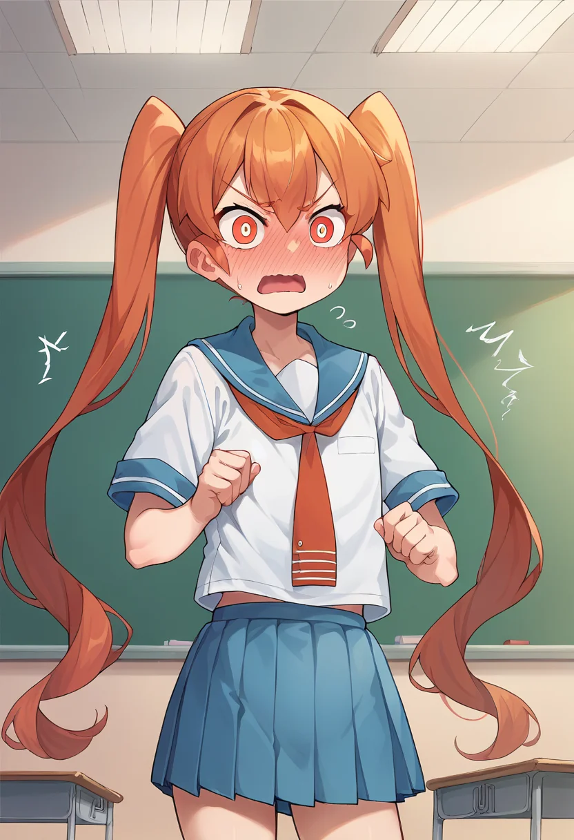score_9, score_8_up, score_7_up, source_anime, masterpiece, 1girl, ctianuen0, petite, serafuku, blue skirt, pleated skirt, blue sailor collar, looking at viewer, blush, open mouth, embarassed, cowboy shot, classroom <lora:UenoPONYct:0.8>,