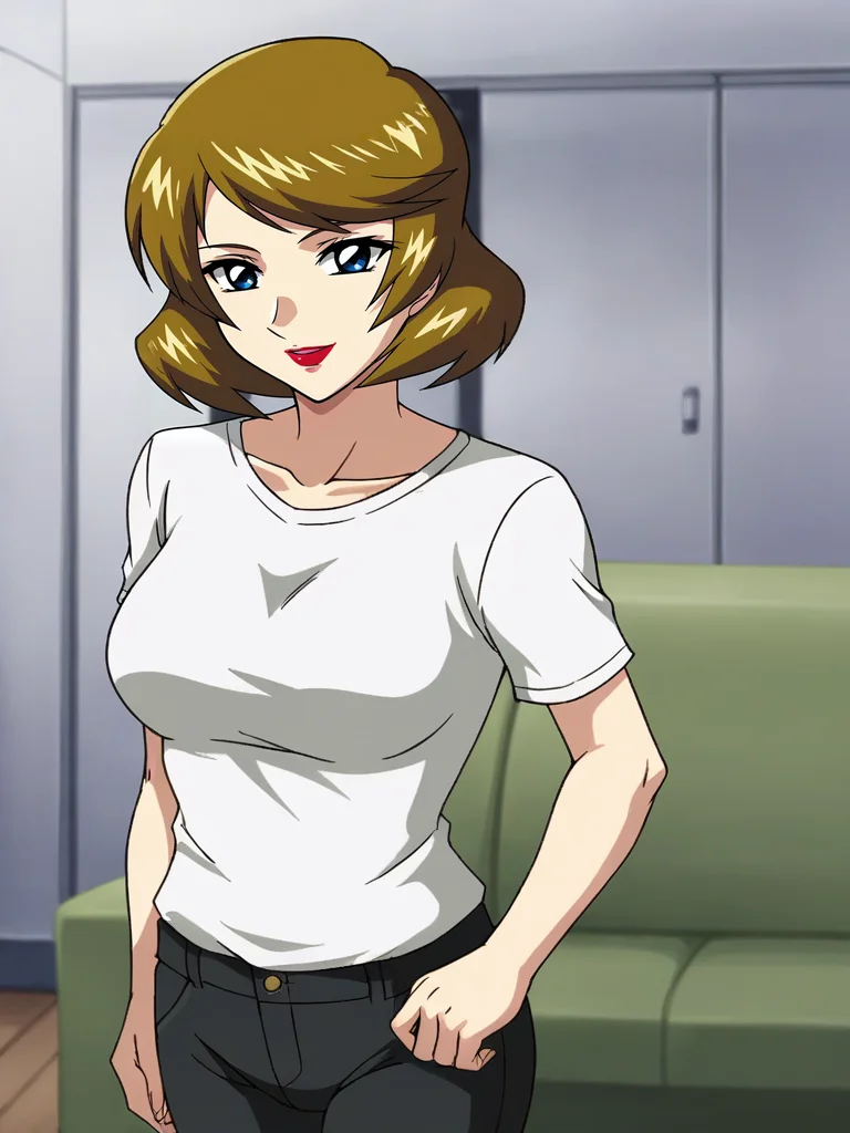 <lora:Talia_Gladys-Gundam_SEED_Destiny:0.8>,Talia,1girl,short hair,brown hair,blue eyes,lipstick,shirt,pants,smile,looking at viewer,indoors