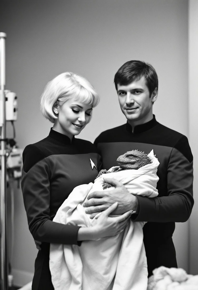 The image is a black-and-white photograph featuring two people, a man and a woman, holding a Godzilla baby. The woman, on the left, has short, platinum blonde hair and is dressed in a Starfleet uniform from the 1980s, specifically from the TV show "Star Trek: The Next Generation." Her uniform has a high collar and a Starfleet insignia on the chest. The man, on the right, has short, dark hair and is also wearing the same Starfleet uniform, indicating they are likely both in the Starfleet. He is holding the baby, who is swaddled and appears to be a small infant. The tiny Godzilla is wrapped in a blanket and seems to be sleeping. 
The background of the image is minimalistic, showing a plain, possibly hospital-like setting, indicated by a medical pole or equipment near the edge of the frame on the left. The image captures a tender, intimate moment, showcasing the new parents with their newborn monster-child in a hospital setting. The overall tone of the image is warm and intimate, emphasizing the new family's joy and the significance of the moment.