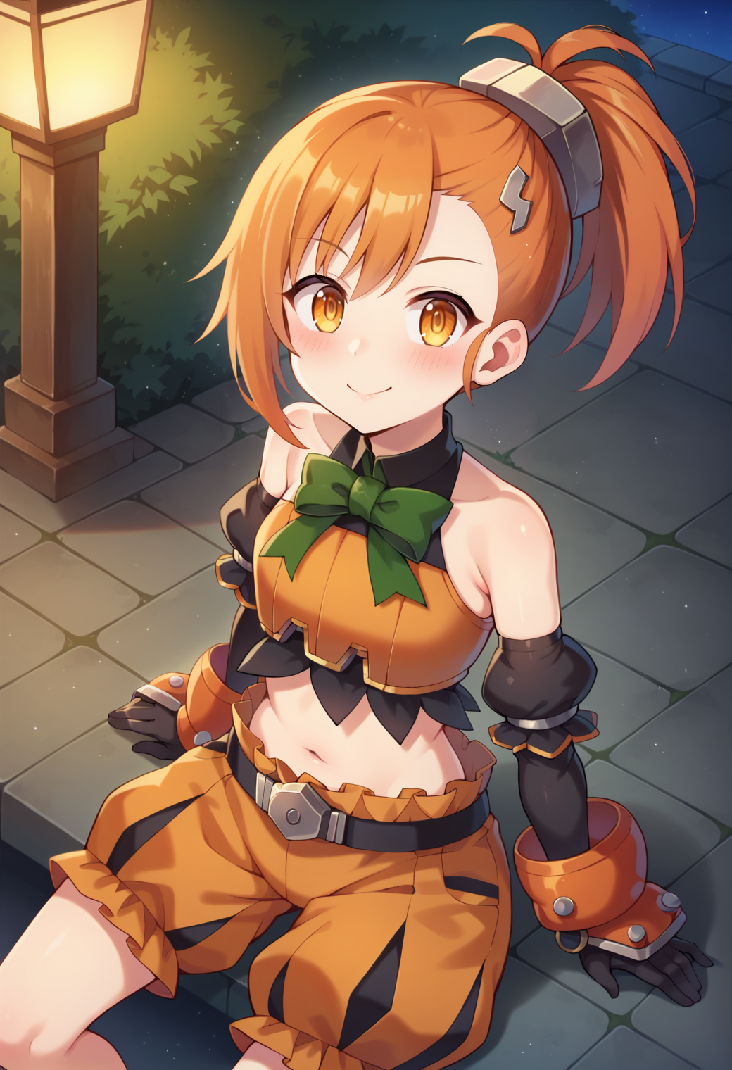 score_9, score_7_up, hd, (ultra hd quality details), source_anime, night, outdoors, 
solo, 1girl, pcrmisogi, side ponytail,
misogihal, green bow, hair ornament, orange crop top, bare shoulders, detached sleeves, midriff, elbow gloves, black gloves, gauntlets, orange shorts, puffy shorts,
looking at viewer, blush, smile, closed mouth, 
sitting, from above,
<lora:_misogipcr-elesico-pony:0.9>