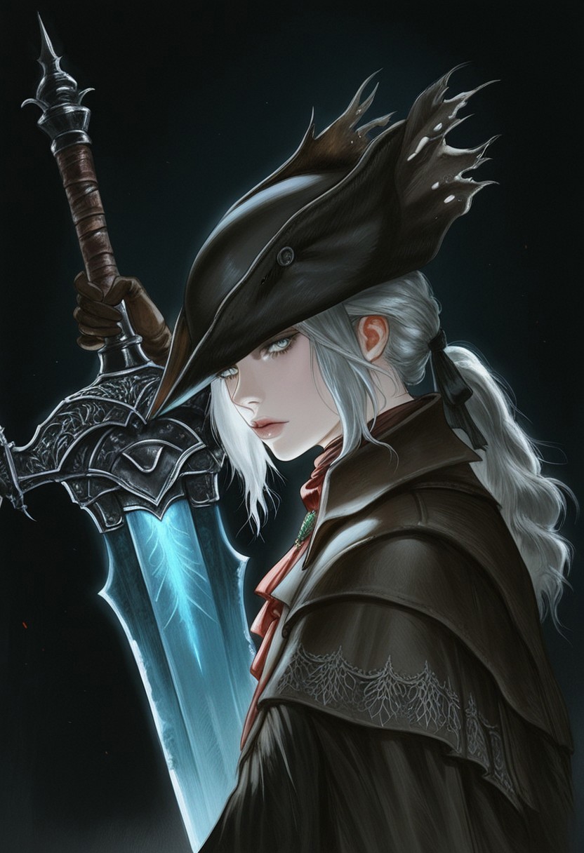 AMAZING QUALITY, MASTERPIECE, R0Y0, 1GIRL, PORTRAIT, LADY MARIA (BLOODBORNE), MOONLIGHT GREATSWORD, DARK, GOTHIC