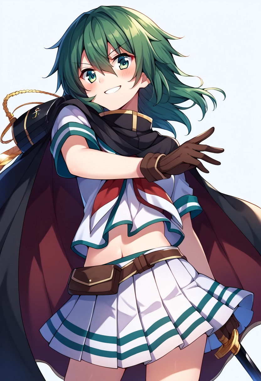 score_9, score_8, score_7, source_anime, kiso (kancolle), cape, skirt, blush, smile, brown gloves, neckerchief, pleated skirt, short sleeves, sword