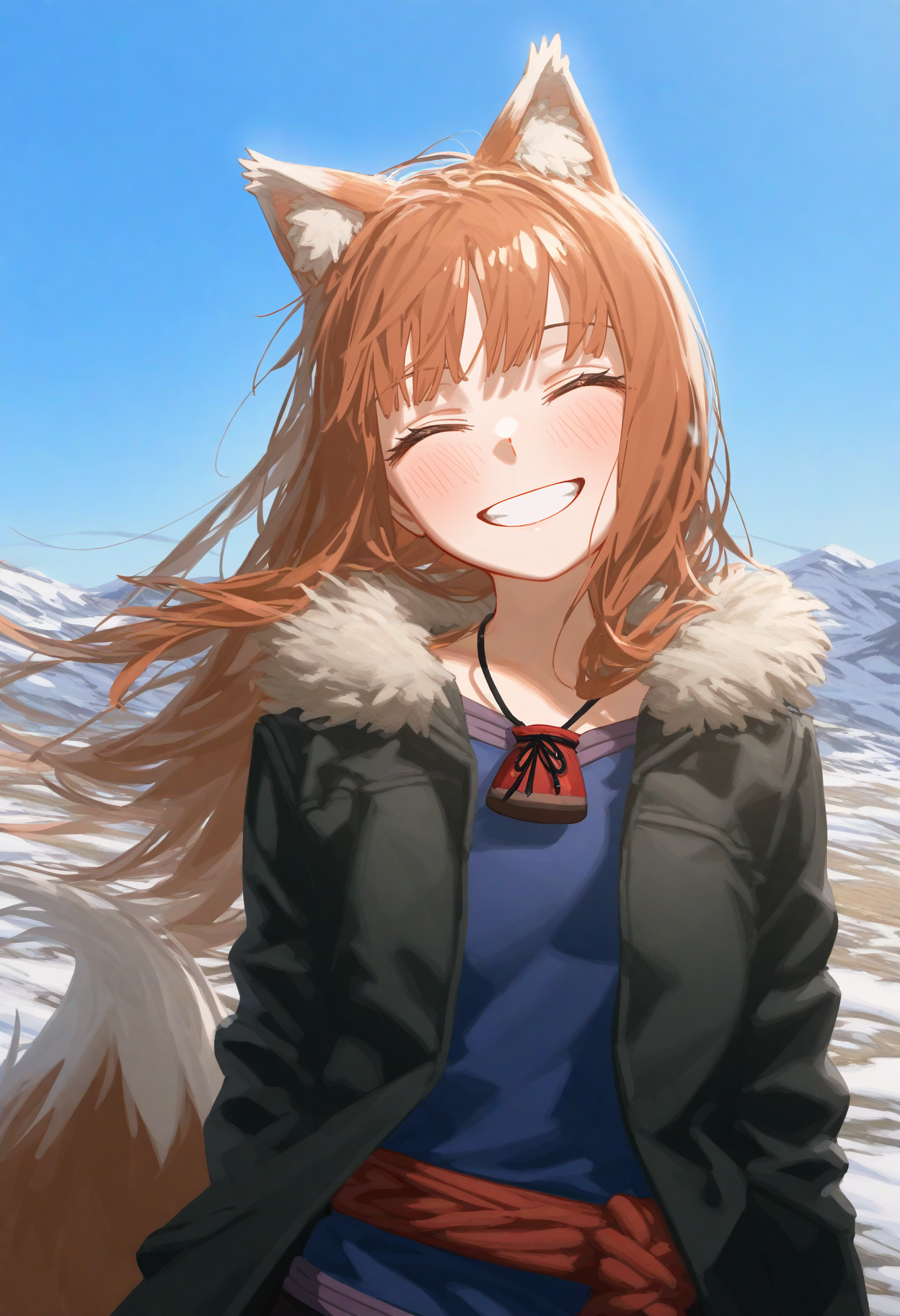 masterpiece, best quality, good quality, hllv, sketch,
holo, 1girl, solo, long hair, blush, smile, shirt, brown hair, long sleeves, animal ears, jacket, tail, upper body, closed eyes, outdoors, open clothes, sky, day, grin, open jacket, black jacket, animal ear fluff, fur trim, head tilt, blue shirt, wolf ears, facing viewer, wolf tail, snow, pouch, wolf girl, wind, windy hair,
<lora:ai_styles_collection_noob_vpred-0.6_v3:1>