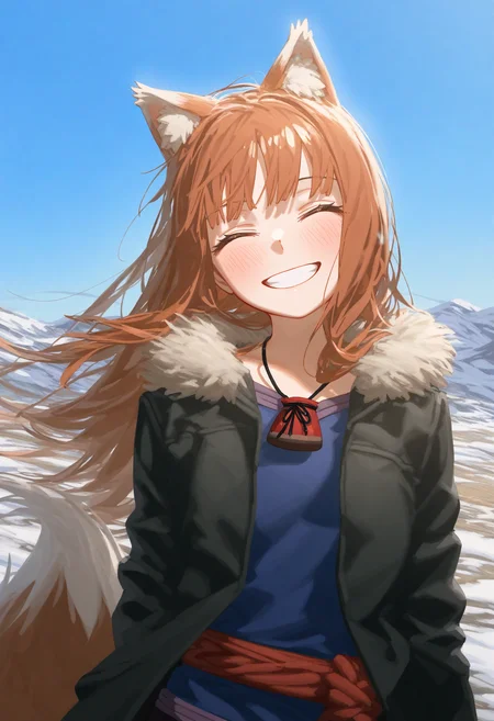 masterpiece, best quality, good quality, hllv, sketch,
holo, 1girl, solo, long hair, blush, smile, shirt, brown hair, long sleeves, animal ears, jacket, tail, upper body, closed eyes, outdoors, open clothes, sky, day, grin, open jacket, black jacket, animal ear fluff, fur trim, head tilt, blue shirt, wolf ears, facing viewer, wolf tail, snow, pouch, wolf girl, wind, windy hair,
<lora:ai_styles_collection_noob_vpred-0.6_v3:1>