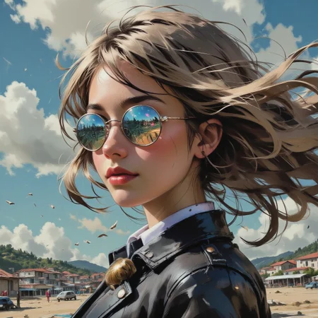 in the style of ck-mgs, nistyle, Special Ink-drawing mode, intricate linework with expressive contrasts, Inkplash art on rice paper, bluetone, henna , Silhouette Art, magnificent, inksplash closeup portrait of stunning woman, blonde hair, mirrorred aviator sunglasses reflecting a seaside town