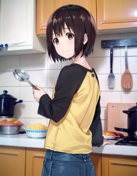 score_9, score_8_up, score_7_up,
animeirl, photo \(medium\), 1girl, solo, nakahara misaki, nhk ni youkoso!, brown eyes, black hair, short hair, bangs, yellow t-shirt, raglan sleeves, black sleeves, denim skirt,
kitchen, cooking, from behind, looking back, light smile, full body, holding ladle,
<lora:Nakahara Misaki:0.8>,
<lora:Animeirl v3 GLoRA PDXL Anzhc:1>,