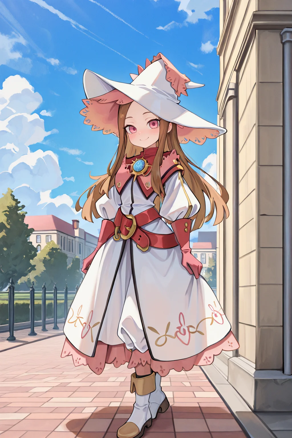masterpiece, very aesthetic, absurdres, best quality, amazing quality, high resolution, <lora:illustrious_quality_modifiers_masterpieces_v1:0.8> , <lora:ChamIllustriousBackgroundEnhancer:0.5>, solo, <lora:RosaryIL:0.8> , RosaDef, brown hair, long hair, pink eyes, white witch hat, white dress, red belt, juliet sleeves, gloves, white boots, full body, exterior, academy, day, clouds, blue sky, looking at viewer, smile,