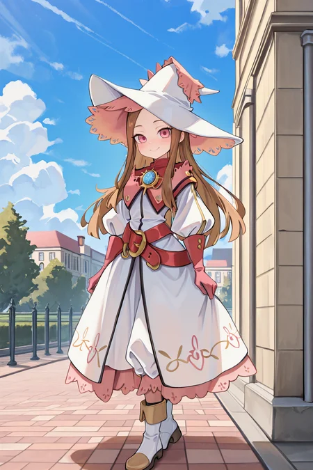 masterpiece, very aesthetic, absurdres, best quality, amazing quality, high resolution, <lora:illustrious_quality_modifiers_masterpieces_v1:0.8> , <lora:ChamIllustriousBackgroundEnhancer:0.5>, solo, <lora:RosaryIL:0.8> , RosaDef, brown hair, long hair, pink eyes, white witch hat, white dress, red belt, juliet sleeves, gloves, white boots, full body, exterior, academy, day, clouds, blue sky, looking at viewer, smile,