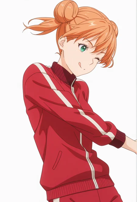 Smooth Quality,masterpiece,very intricate, high quality details, ultra realistic, high detailed skin,detailed enviorement,absurdres,
simple background, white background,solo,dancing, wind,
front view,;q,
<lora:FoodWCNN:0.8> foodwarstylecnn,
yuki_cnn, 1girl, orange hair, green eyes, double bun, track jacket