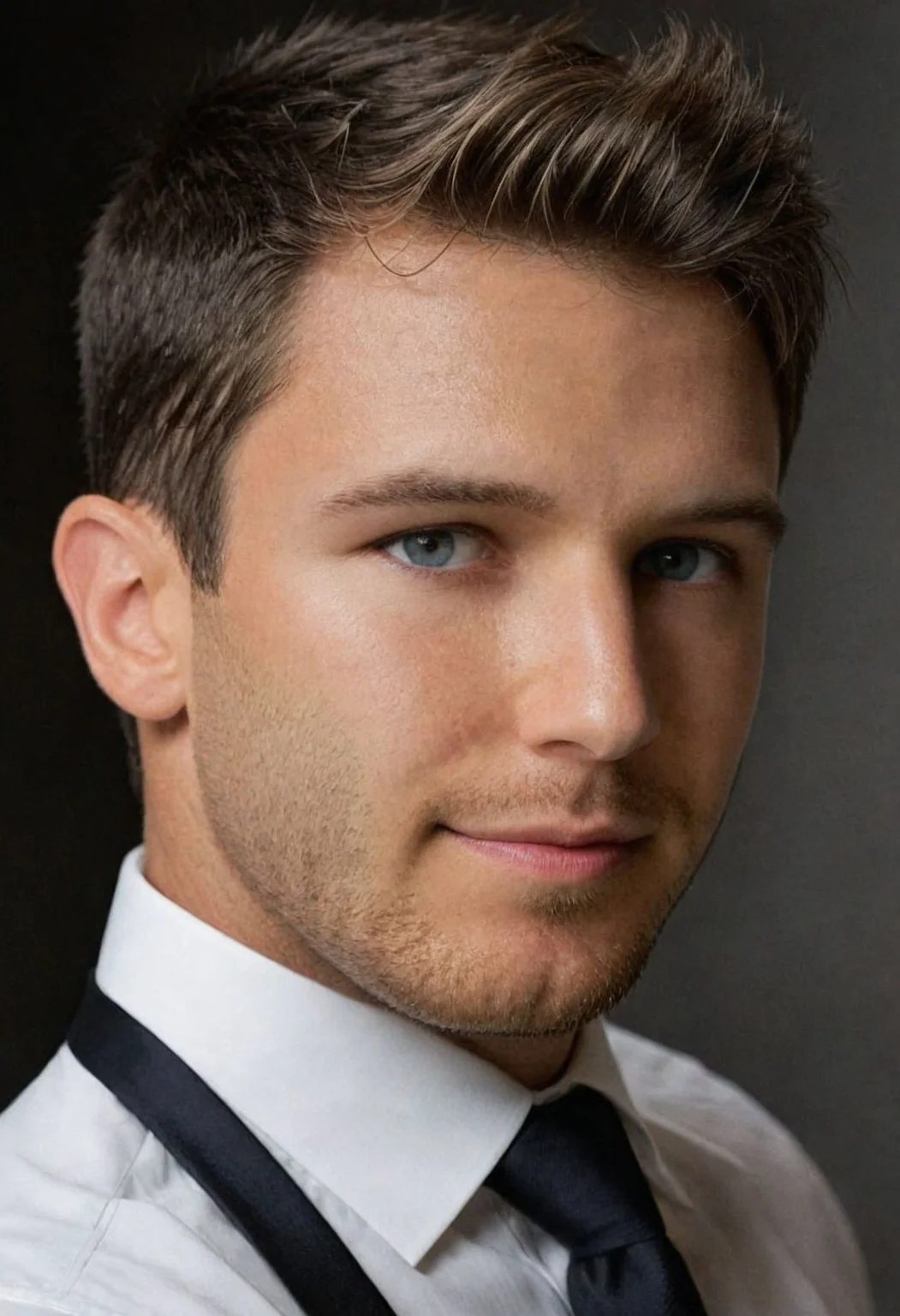 Create an ultra-realistic shot of a sam-cushing with natural,flawless skin,muscular body,short hair,light smile,brown hair,beard stubble,head rest.,
He should be wearing white shirt,black suit,tie,belt.,
Focus the shot intensely on his eyes,capturing their depth and emotion.,
Ensure the lighting highlights the textures and subtleties of his skin while keeping the background soft and unobtrusive.,
Emulate the style of National Geographic Magazine portraits,known for their authenticity and detailed storytelling.,
For additional inspiration,refer to the works of Steve McCurry and Annie Leibovitz,whose portraiture often captures both profound realism and striking visual elements.,<lora:sam-cushing:0.9>,