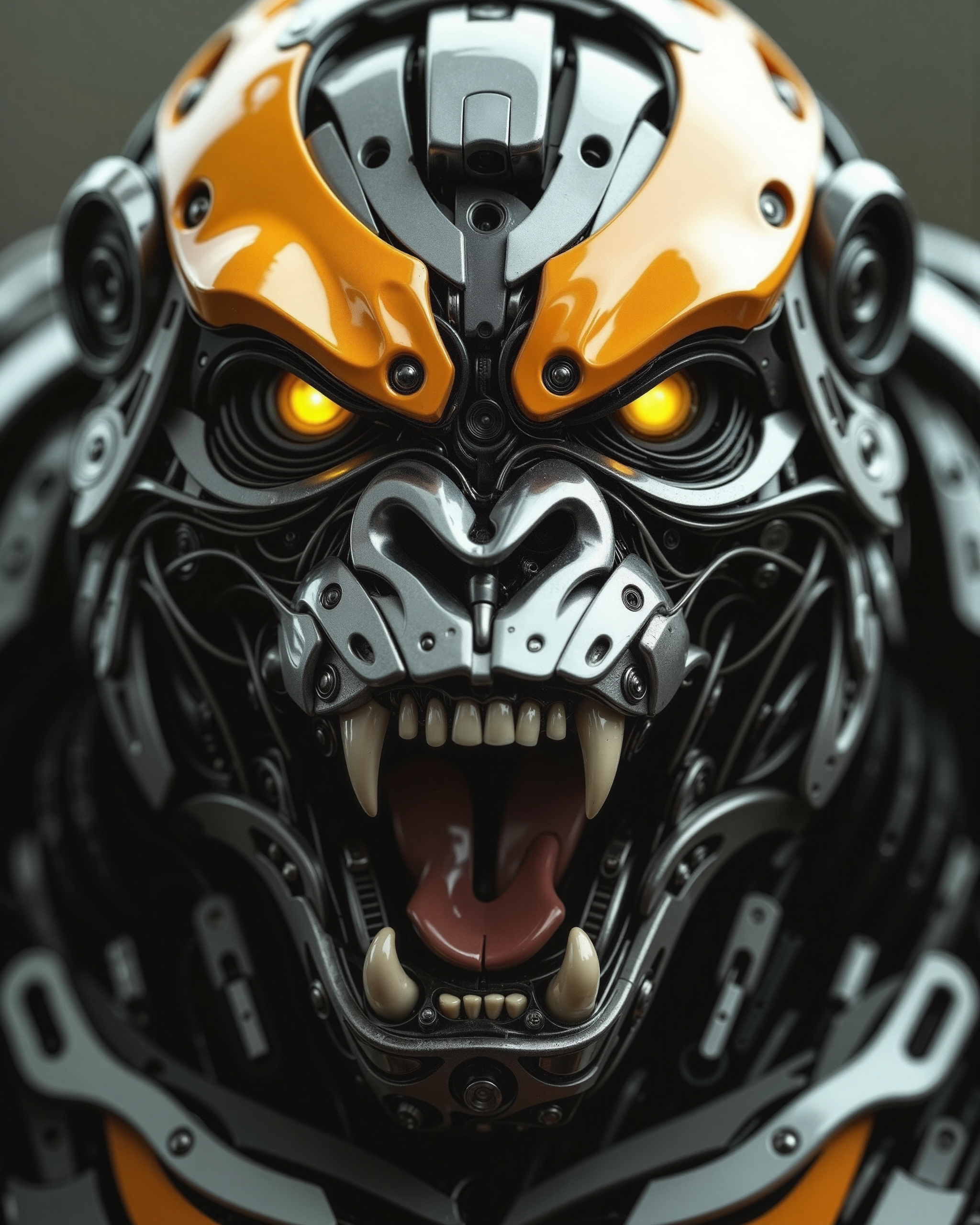 A highly detailed, high-quality image in the style of ckrcc, close up of from front, front perspective of a robotic ape's head, an gorilla, yellow eyes, black and orange head, sharp teeth, roaring, transformers inspired,