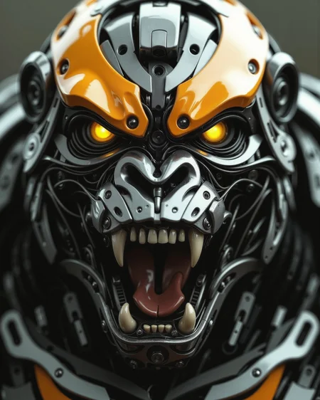 A highly detailed, high-quality image in the style of ckrcc, close up of from front, front perspective of a robotic ape's head, an gorilla, yellow eyes, black and orange head, sharp teeth, roaring, transformers inspired,