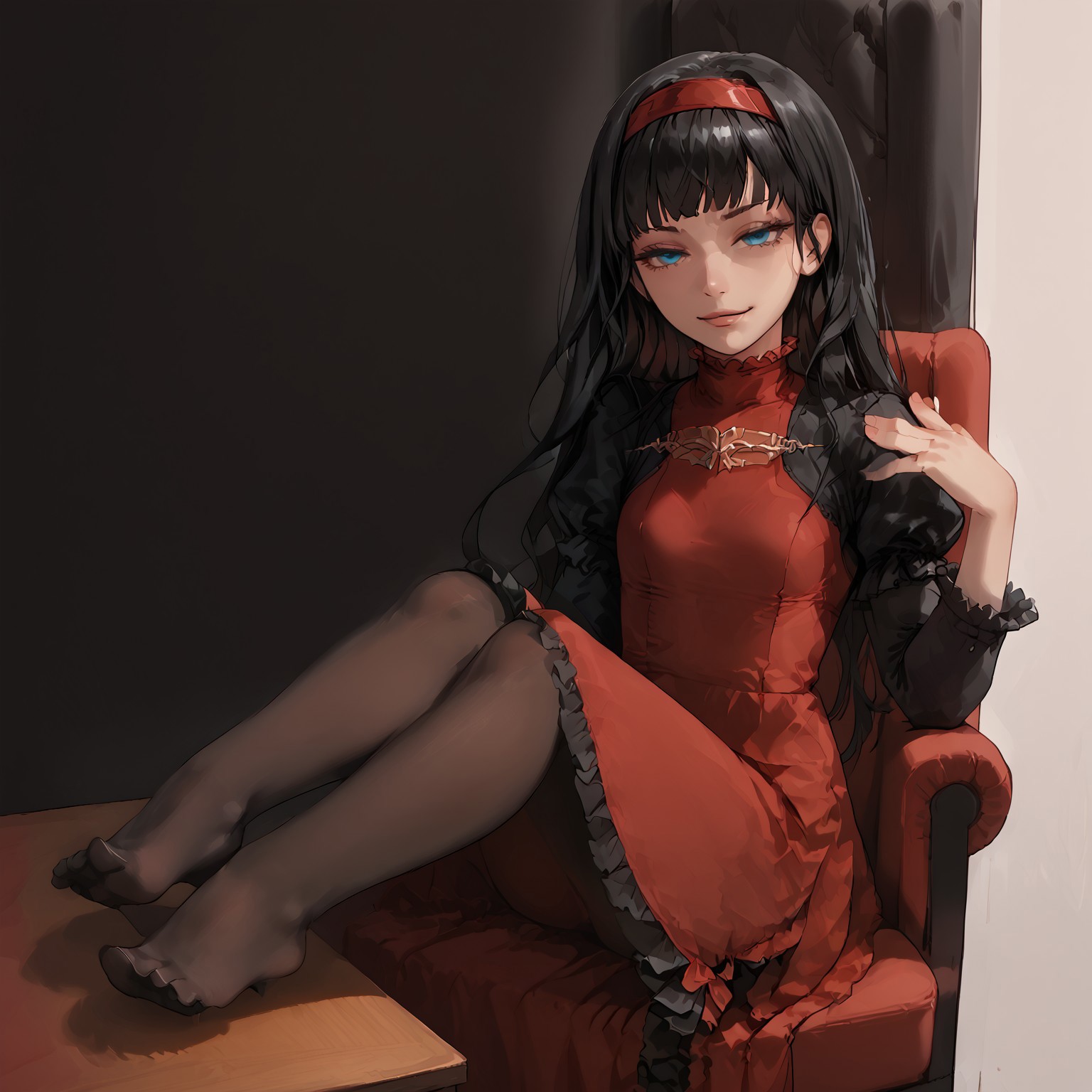 safe_pos, safe_pos, safe_pos, safe_pos, score_9, score_8_up, score_8_up, source_anime, source_safe,  expressiveh,  

solo, 
1girl ,

rg1rl, black hair, long hair, red hairband, blue eyes, puffy sleeves, red dress, frills, ((black pantyhose)), ((petite, petite body)) ((small braist)), perfect body, perfect butt,

 suit, shirt,skirt, (black pantyhose, stocking)

crosft, feet on table, full body, crossed legs, sitting, legs, foreshortening, thighs, soles, feet, foot focus, arm up, looking at viewer, smug, half-closed eyes, indoors, office chair, office, desk,

in hospital office, 