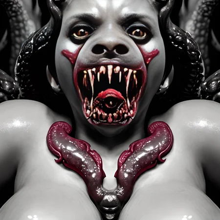 professional photograph, Front shot, Mid-range, older woman, black, natural breasts, (((Laying on back))), surrounded by (((Cerberus))), (((in hell))), getting fucked in the pussy by a monster, (tentacles in asshole), direful,  runty, (((Grotesque horror))), ((erotic horror)), (bleeding), (disemboweled), (gore), (vore), (headless), tormented, tortured, skin texture, detailed skin, (((detailed facial features))), 8k, (((high detail))), sharp focus, masterpiece, 4K, high quality, by Rebecca Morgan