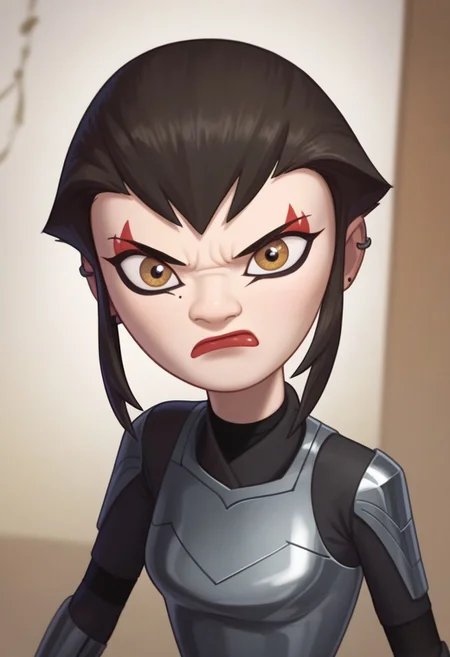 (score_9,score_8_up,score_7_up), cute anime girl, big cute eyes, masterpiece,cartoon style, best quality, amazing quality, gradient background, chibifurri, looking at viewer, ((tsundere)),cartoonish, (((1 girl))), skinny bodyflat chest, 1girl, kara1, black short hair, brown eyes, makeup, a mole under the eye, metallic armor, red face paint, earrings