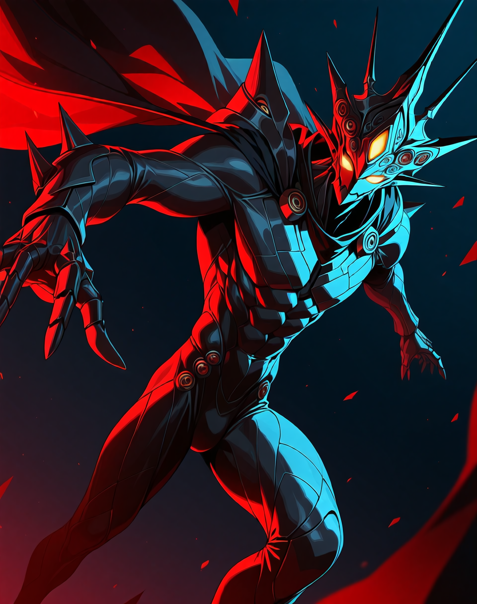 perfect depth of field shot, masterpiece, beautiful, sharp focus, crisp details, 
<lora:Zoalord_(Guyver)_(Illustrious)_(AD):1> Zoalord, Guyver, monster, 
((dynamic action, dynamic perspective, dutch angle, bent knee, cowboy shot, ):1.5), 
((red and blue colored body, wearing a cape, detailed face and eyes, ):1.5), glowing eyes, solo, bioboosted body, biomechanical, end boss, perfect form, perfect proportions, abs, regal and strong, imposing, presence demands respect and deference, gradient style anime coloring,   
BREAK Smooth Quality, IllusP0s, lazyhand, lazympos, lazynsfw,