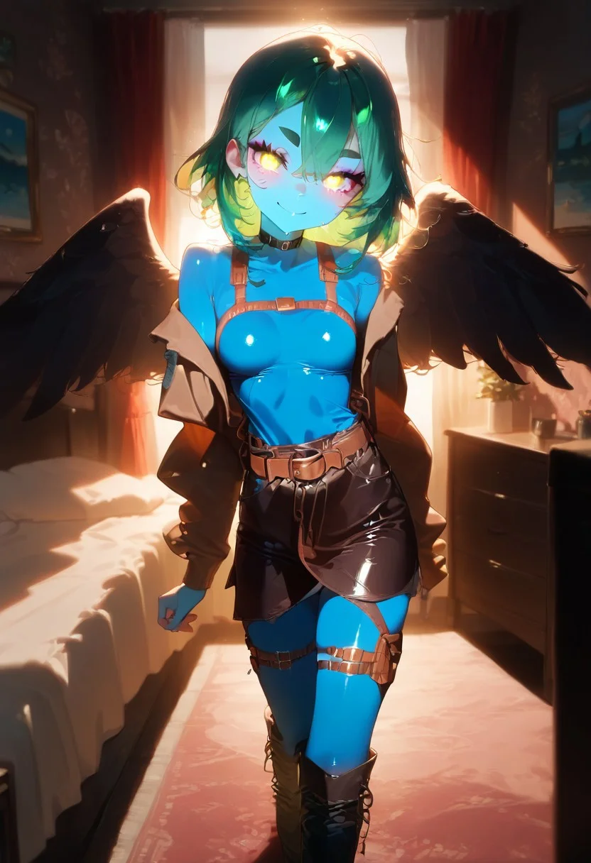 score_9,score_8_up,score_7_up,score_6_up, source_anime, girl, <lora:Filoen - Pony:0.8>,
Filoen as a Demon, oni horns, blue skin, over-probationed wings, black large angel wings, turquoise glow, black feathers, turquoise energy
long hair, dark blue hair, gradient hair, multicolored hair, dark blue roots, green hair, colored tips, green tips, messy hair, hair between eyes,
black choker, black sclera, green eyes, green glowing pupils, thick eyelashes, petite and delicate build, medium breasts, bare shoulders, seductive smile, cute face, collarbone, shiny, shiny skin, cute, sexy, hot, woman, perfect face, thick eyeliner, perfect hands, five fingers, batting her eyelashes, perfect eyelashes, perfect detailed face, detailed anatomy, slim petite body, cosplay, survey corps \(emblem\), thigh strap, harness, boots, leather skirt, white pants, white shirt, full body, standing, belt, open jacket, brown jacket, cropped jacket, looking at viewer, seductive, hourglass figure, sweat, volumetric lighting, textured skin, dramatic lighting, full body view, full body shot, eye lighting, curvy, intricate details, detailed background, different view, different positions, different angle, town setting, sunset,