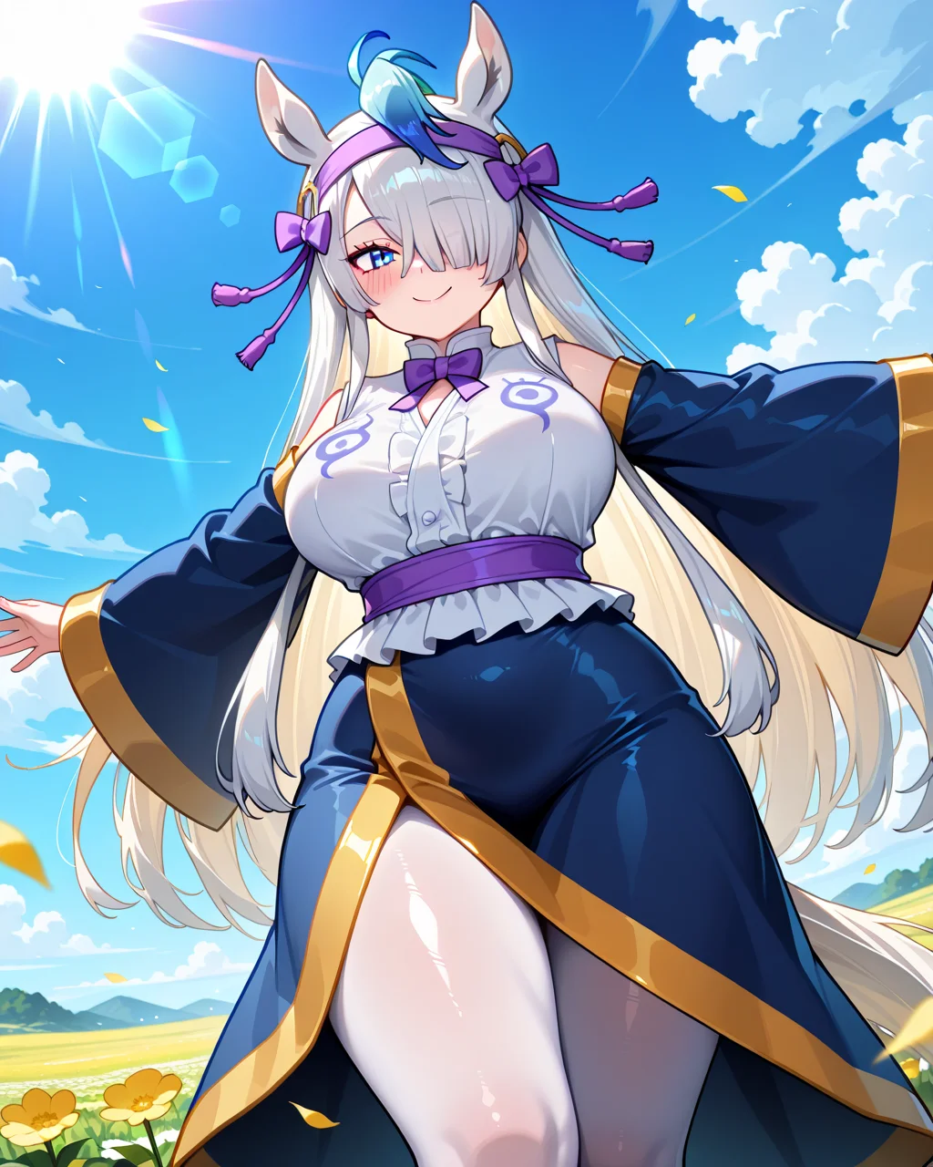 1girl, <lora:gyokuryu_kf_ilxl_v1:1>, gyokuryu \(kemono friends\), horse girl, horse ears, animal ears, extra ears, horse tail, tail, multicolored hair, white hair, blue hair, streaked hair, ahoge, long hair, asymmetrical bangs, sidelocks, hair over one eye, hair bow, hair ornament, hair ribbon, hair tubes, hairband, purple bow, purple bowtie, purple hairband, purple ribbon, blue eyes, large breasts, curvy, mature female, gykr1st, shirt, white shirt, sash, purple sash, coat, robe, blue coat, blue robe, detached sleeves, blue sleeves, wide sleeves, sleeves past wrists, pantyhose, white pantyhose, standing, blush, smile, looking at viewer, spread arms, happy, looking at viewer, flower field, blue sky, cloud, from below, lens flare, masterpiece, best quality, very aesthetic, absurdres