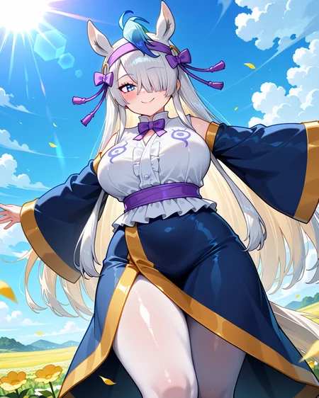 1girl, <lora:gyokuryu_kf_ilxl_v1:1>, gyokuryu \(kemono friends\), horse girl, horse ears, animal ears, extra ears, horse tail, tail, multicolored hair, white hair, blue hair, streaked hair, ahoge, long hair, asymmetrical bangs, sidelocks, hair over one eye, hair bow, hair ornament, hair ribbon, hair tubes, hairband, purple bow, purple bowtie, purple hairband, purple ribbon, blue eyes, large breasts, curvy, mature female, gykr1st, shirt, white shirt, sash, purple sash, coat, robe, blue coat, blue robe, detached sleeves, blue sleeves, wide sleeves, sleeves past wrists, pantyhose, white pantyhose, standing, blush, smile, looking at viewer, spread arms, happy, looking at viewer, flower field, blue sky, cloud, from below, lens flare, masterpiece, best quality, very aesthetic, absurdres