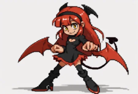 score_9, score_8_up, score_7_up BREAK RollMvC, 1girl, crimson hair, blunt bangs, black headband, yellow eyes, full body, devil girl, tall, skinny, smile, looking at viewer, devil outfit, demon dress, black red high-heeled boots, devil wings, devil tail, solo, solo focus, hell background,