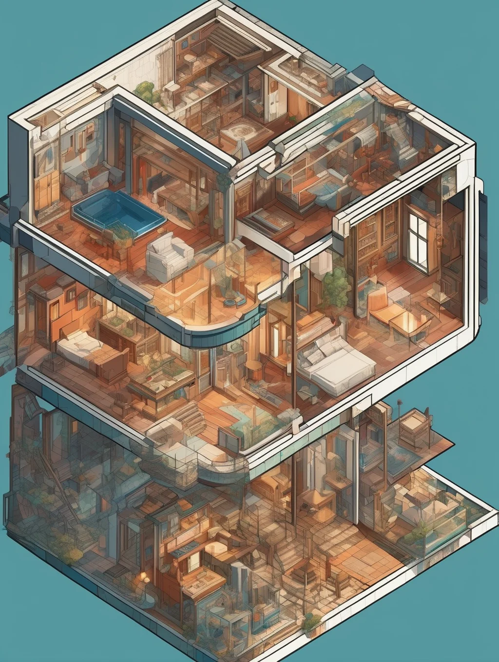 <lora:Isometric Cutaway:1>Isometric Cutaway - Isometric cutaway illustration of a house with hidden secrets, harmonious color pallette, architectural illustration style, in the style of anime art, cubism style, 32k uhd, fantastical architectural map diagram