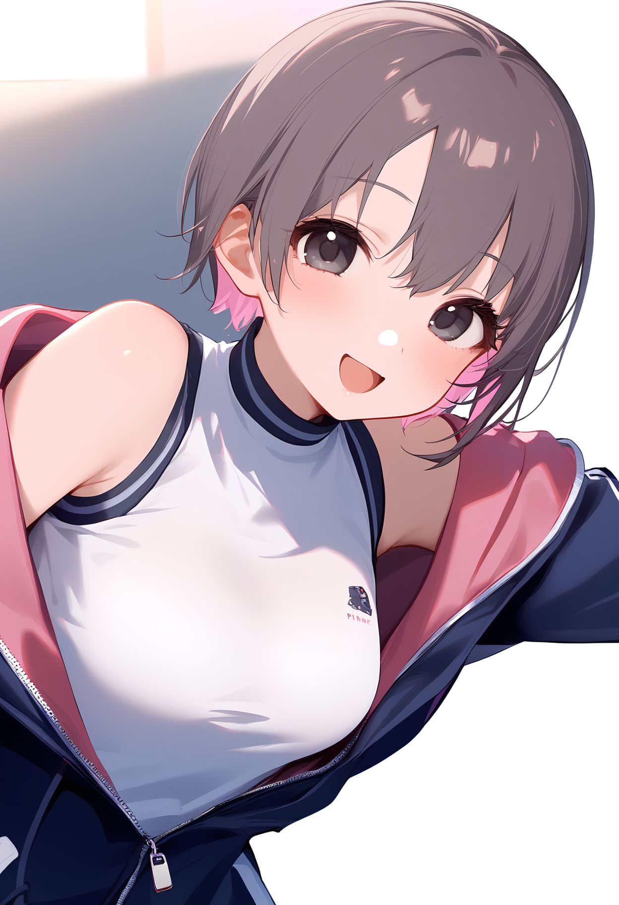 1girl,
otokura yuuki,


solo, looking at viewer, blush, breasts, open clothes, white shirt, bare shoulders, sleeveless, medium breasts, simple background, open mouth, hair between eyes, upper body, arms behind back, pink jacket, two-tone hair, multicolored hair, blue jacket, open jacket, virtual youtuber, smile, sleeveless shirt, long sleeves, jacket, off shoulder, colored inner hair, short hair, pink hair, white background, black eyes, shirt, black hair,

sfw
<lora:a31_char_new_otokura_yuuki-000022:1> <lora:a31_style_koni-000010:0.8>