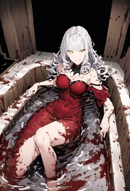 masterpiece, best quality, ultra-detailed, beautiful, nai3, 1girl, solo, full_body, tachi-e,
fate/grand order 1girl carmilla \(fate\),
1girl, woman, mature female, blunt bangs, curly sidelocks, yellow eyes, long hair, white hair, smile, blood stains, submerged, bath, bathtub, red water, indoors, gothic castle,