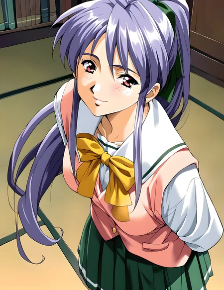 <lora:pony_XL_takabe:0.8>,takabe,score_9,score_8_up,score_7_up,source_anime,1girl,neatness girl,gentle,smile,:d,school_uniform,arms_behind_back,leaning_forward,