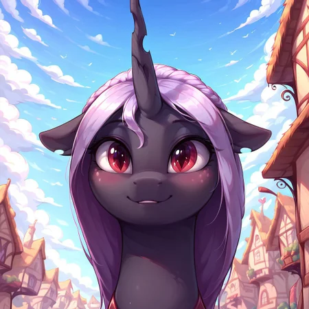masterpiece, score_9, score_8_up, score_7_up, (best quality:1.1), ultra-detailed, high resolution, solo, Queen Gytha, changeling, feral, female, (((beautiful detailed red eyes))), holey hoofs, ragged ears, crooked horn, black skin, pink freckles, very light purple membrane hair, very light purple membrane tail, insect wings, highly detailed macro illustration, smiling, blushing, mlp, outside, Highly Visible, (((8k))), sharp focus, perfect lighting, anatomically correct, extremely detailed, shine on body, (Pony town), high detail, cute face, Expressiveh, detailed background, OverallDetail, zPDXL2,